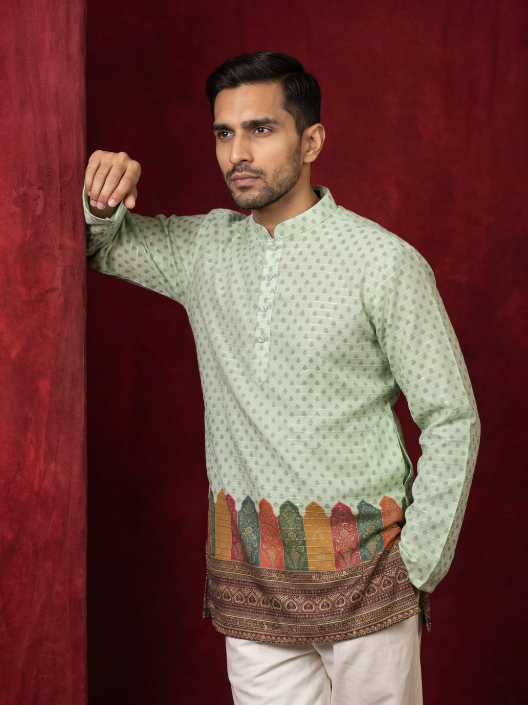 Cotton Blend Printed & Thread Work Kurta for Men ( 65KO 5623Pista )