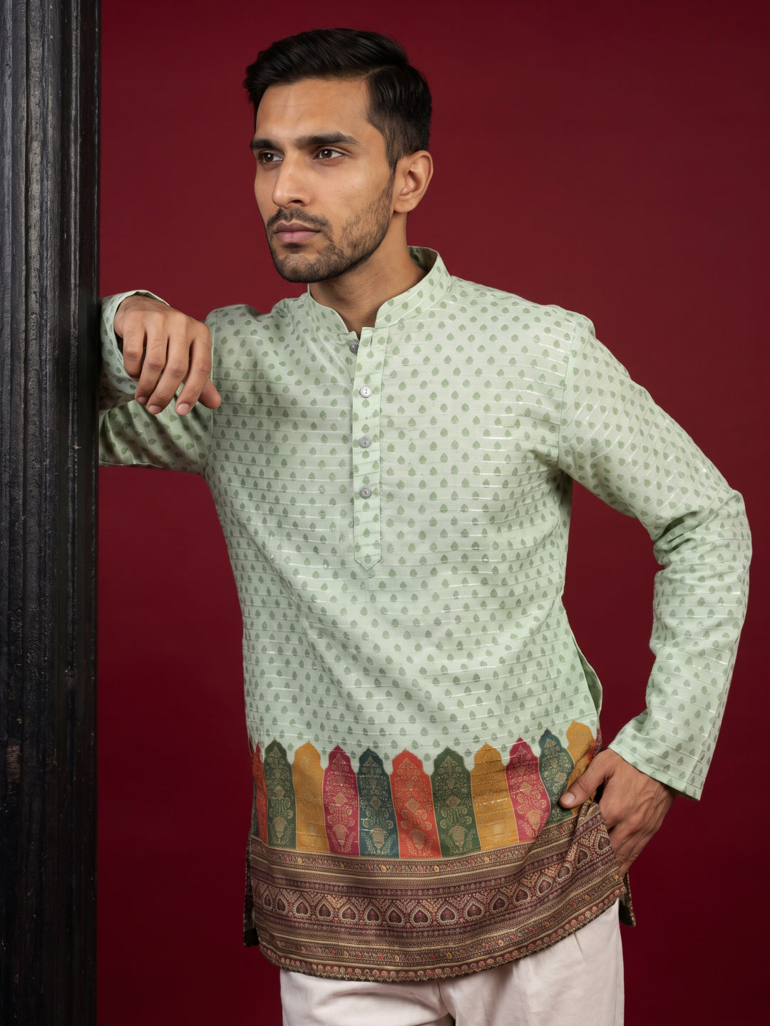 Cotton Blend Printed & Thread Work Kurta for Men ( 65KO 5623Pista )
