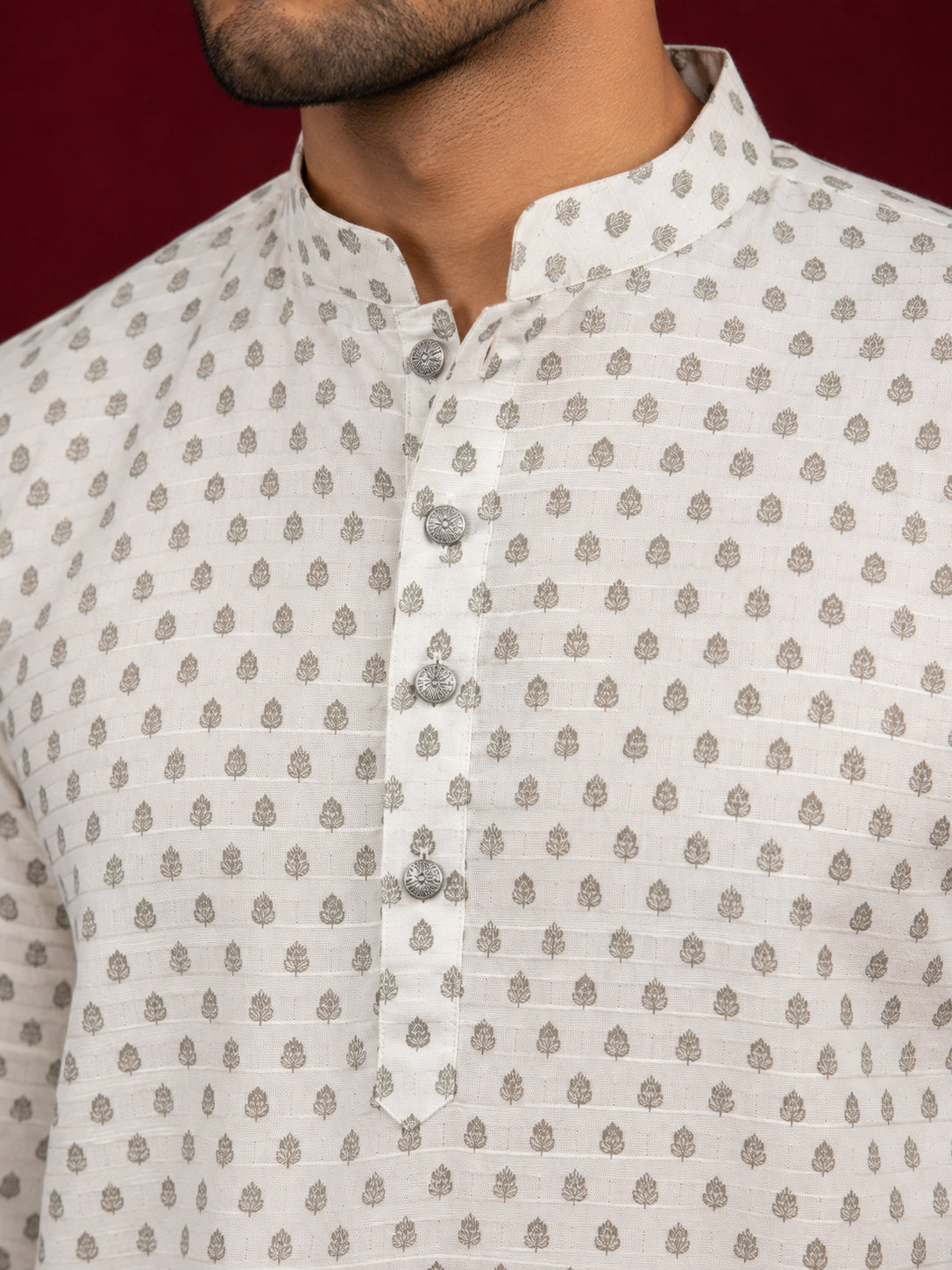 Cotton Blend Printed & Thread Work Kurta for Men ( 65KO 5623White )