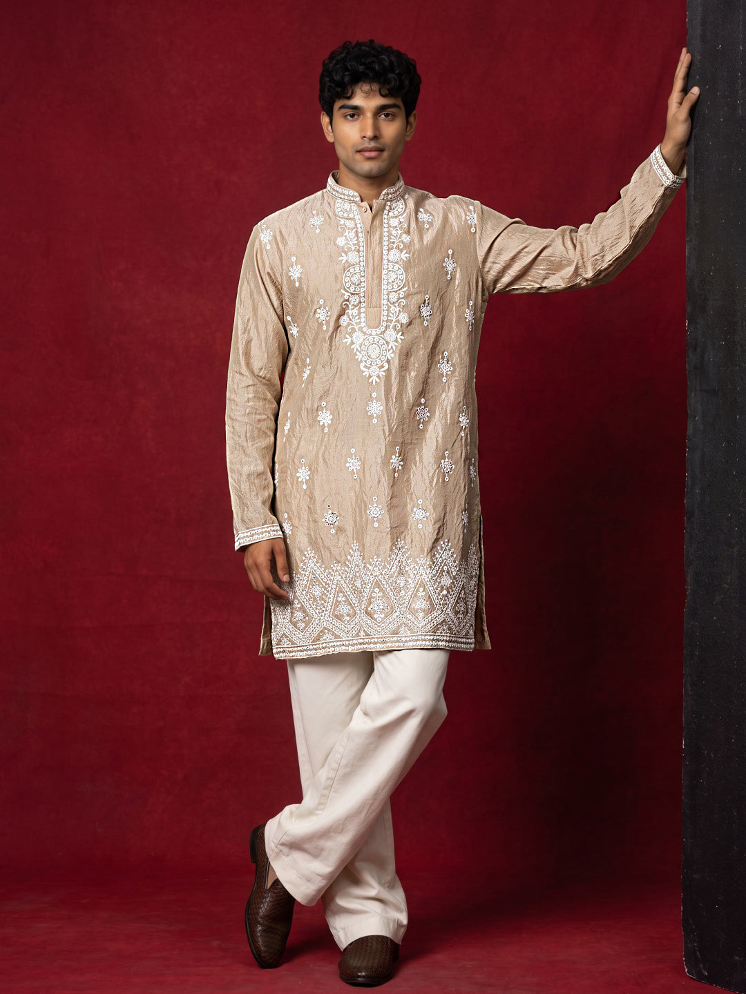 Silk Blend Embroidered Kurta for Men ( 65KO 5626Beige )