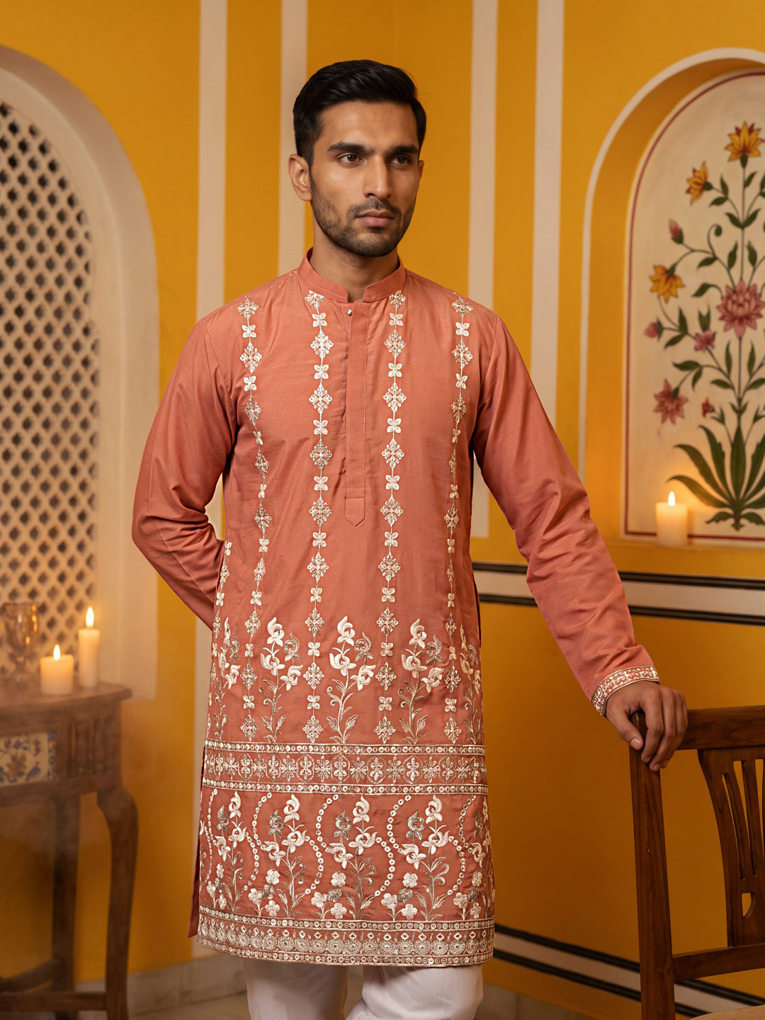 Floral Embroidered Kurta for Men ( 65KO 5628Peach )