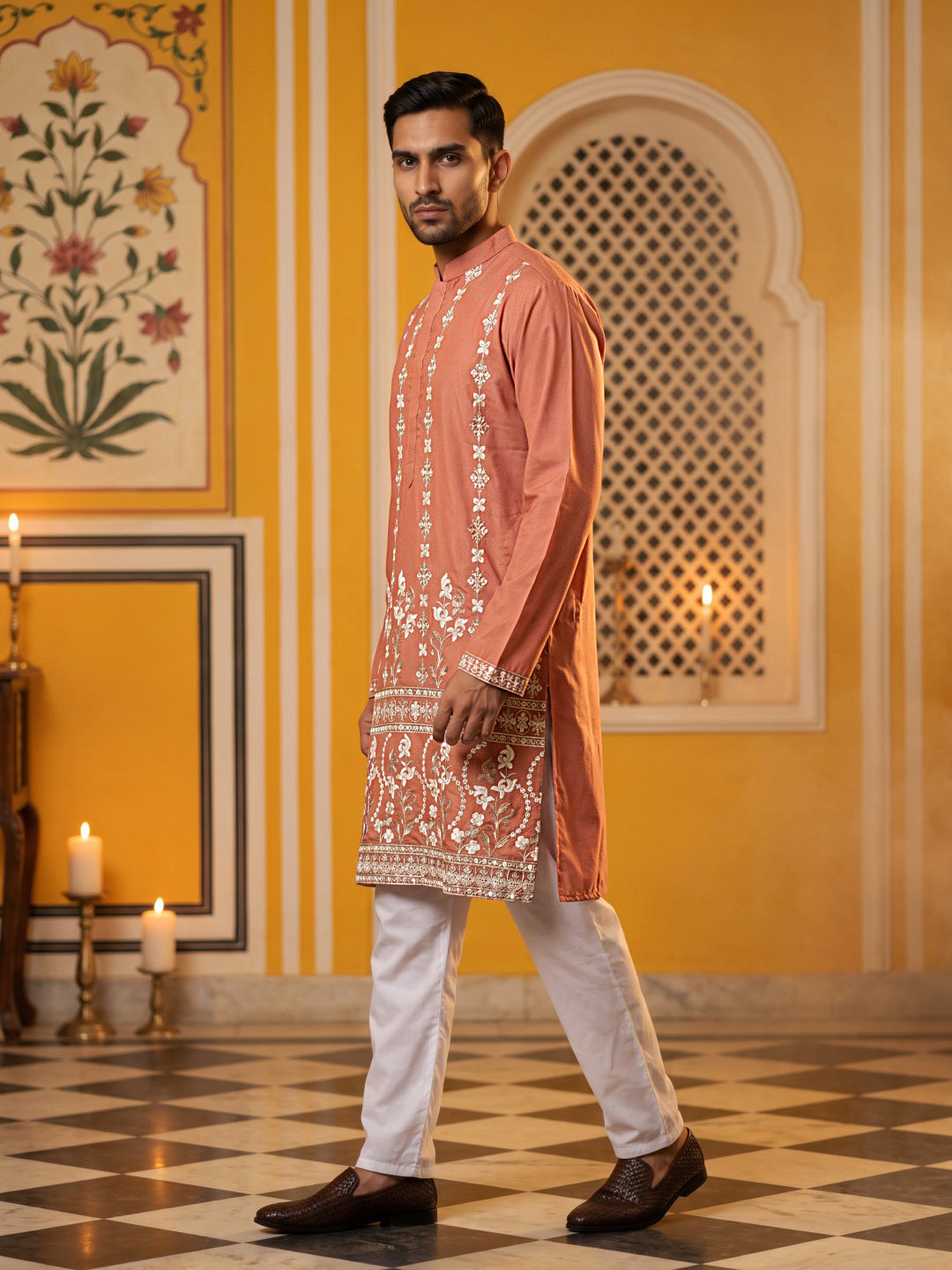 Floral Embroidered Kurta for Men ( 65KO 5628Peach )