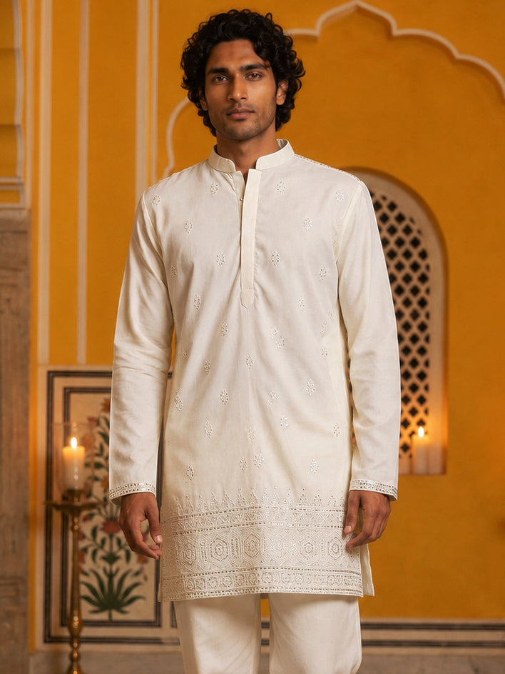 Floral Embroidered Kurta for Men ( 65KO 5629White )