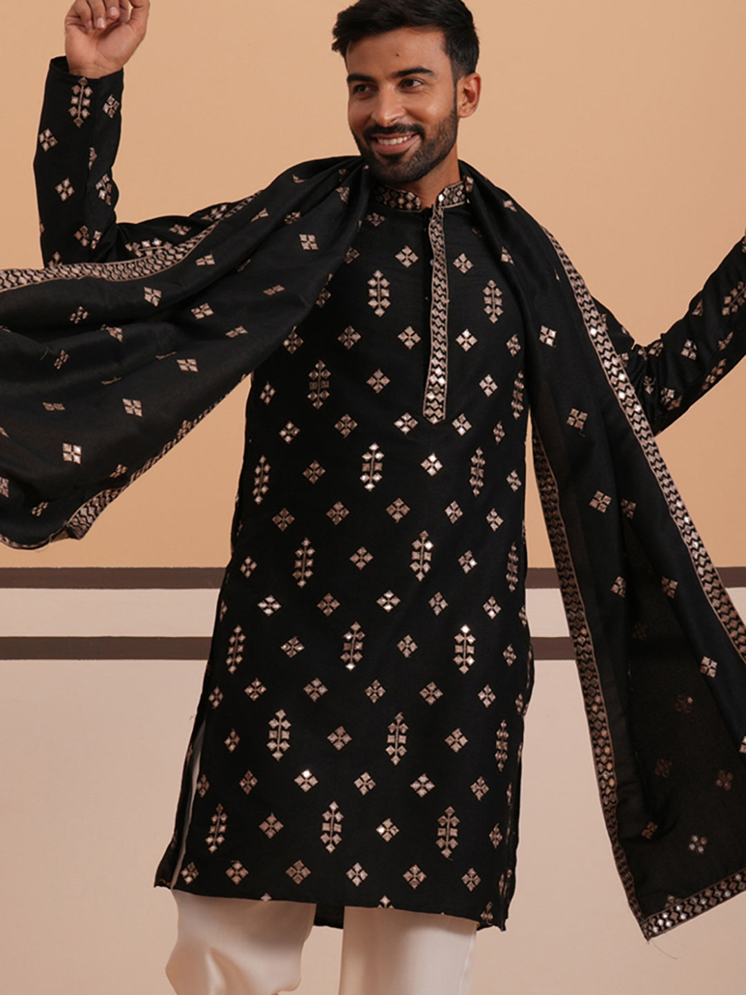 Silk Blend Embroidered Kurta (65KO D 5355 Black ) [FF] [E-5]