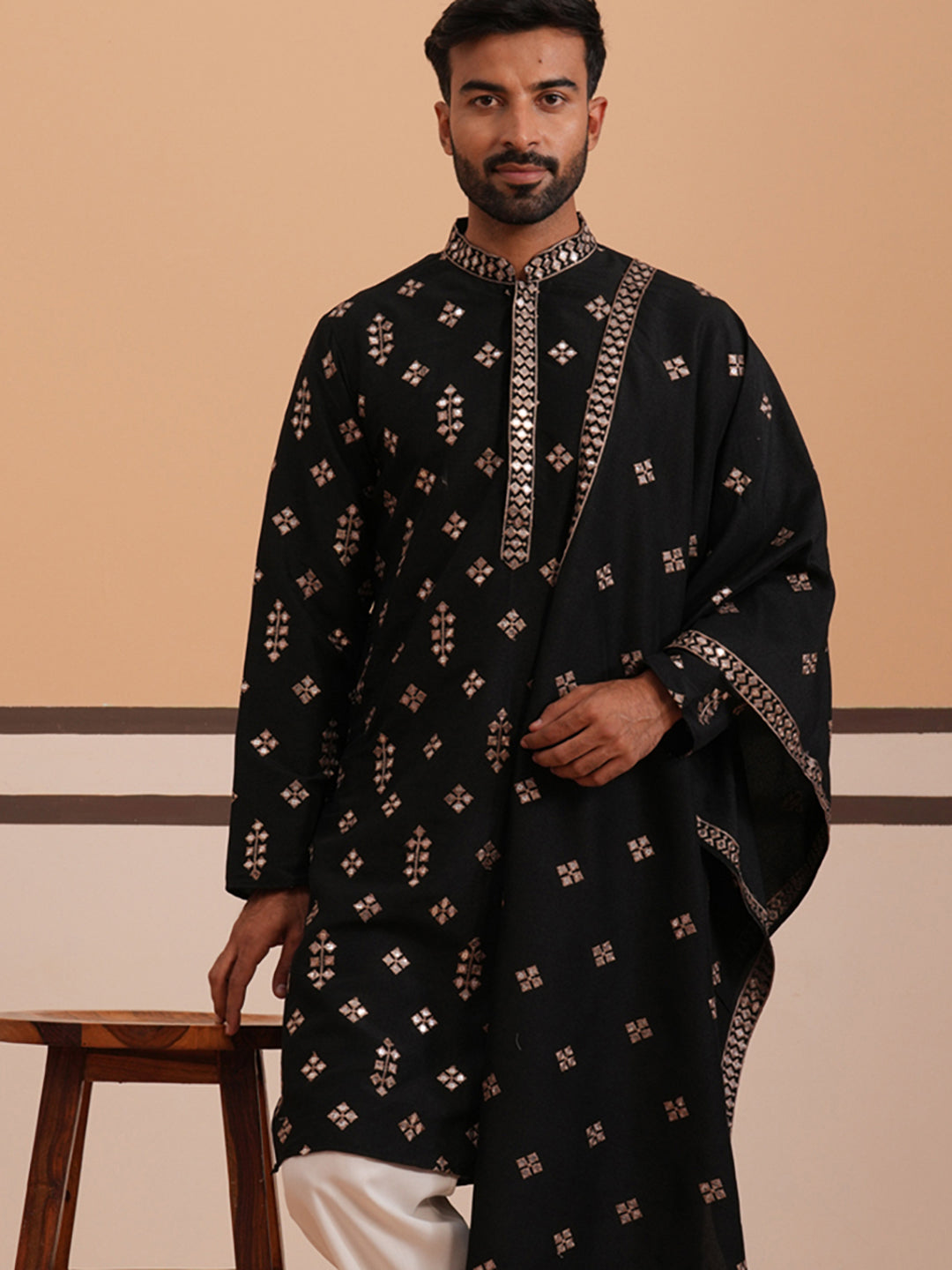 Silk Blend Embroidered Kurta (65KO D 5355 Black ) [FF] [E-5]