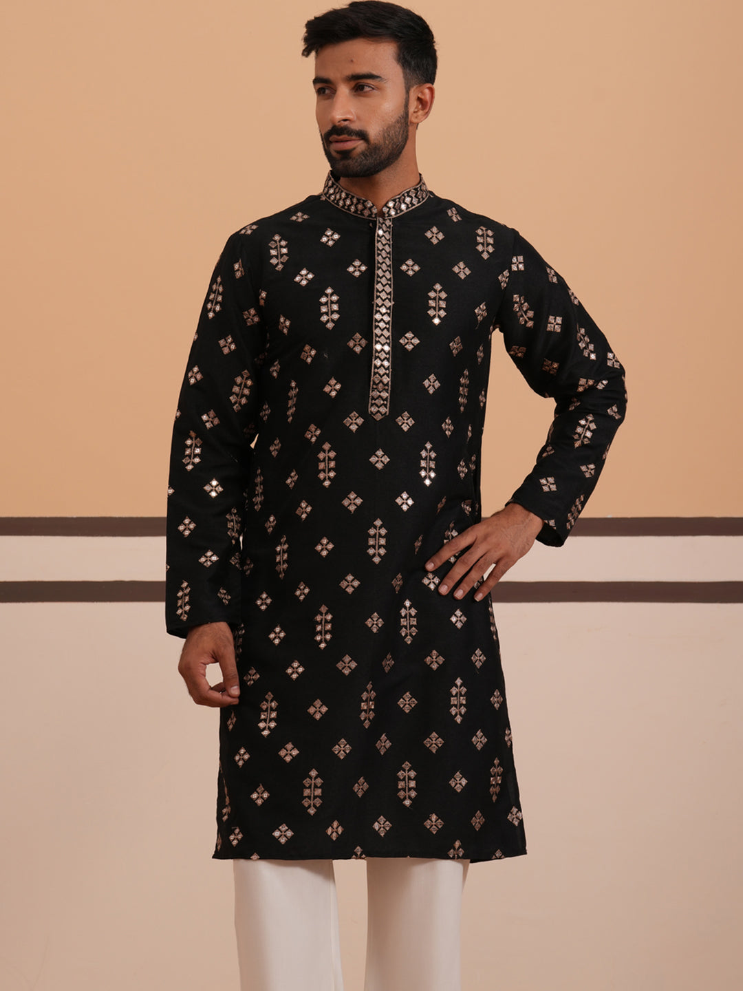 Silk Blend Embroidered Kurta (65KO D 5355 Black ) [FF] [E-5]