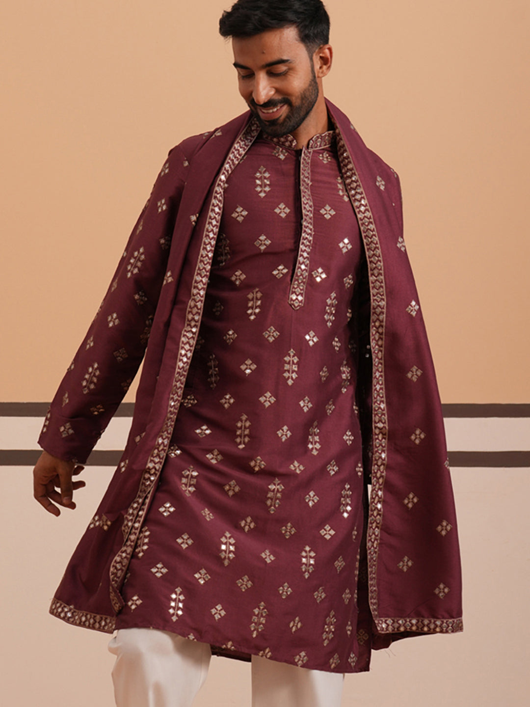 Silk Blend Embroidered Kurta ( 65KO D 5355 D 5355Maroon ) [FF] [E-5]