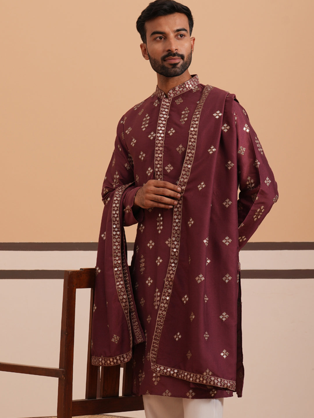 Silk Blend Embroidered Kurta ( 65KO D 5355 D 5355Maroon ) [FF] [E-5]