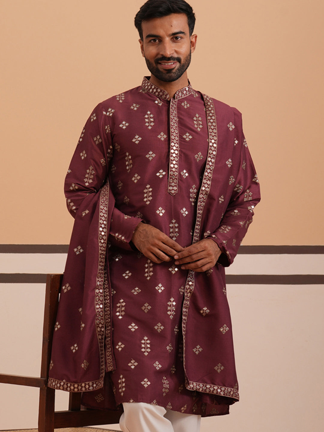 Silk Blend Embroidered Kurta ( 65KO D 5355 D 5355Maroon ) [FF] [E-5]