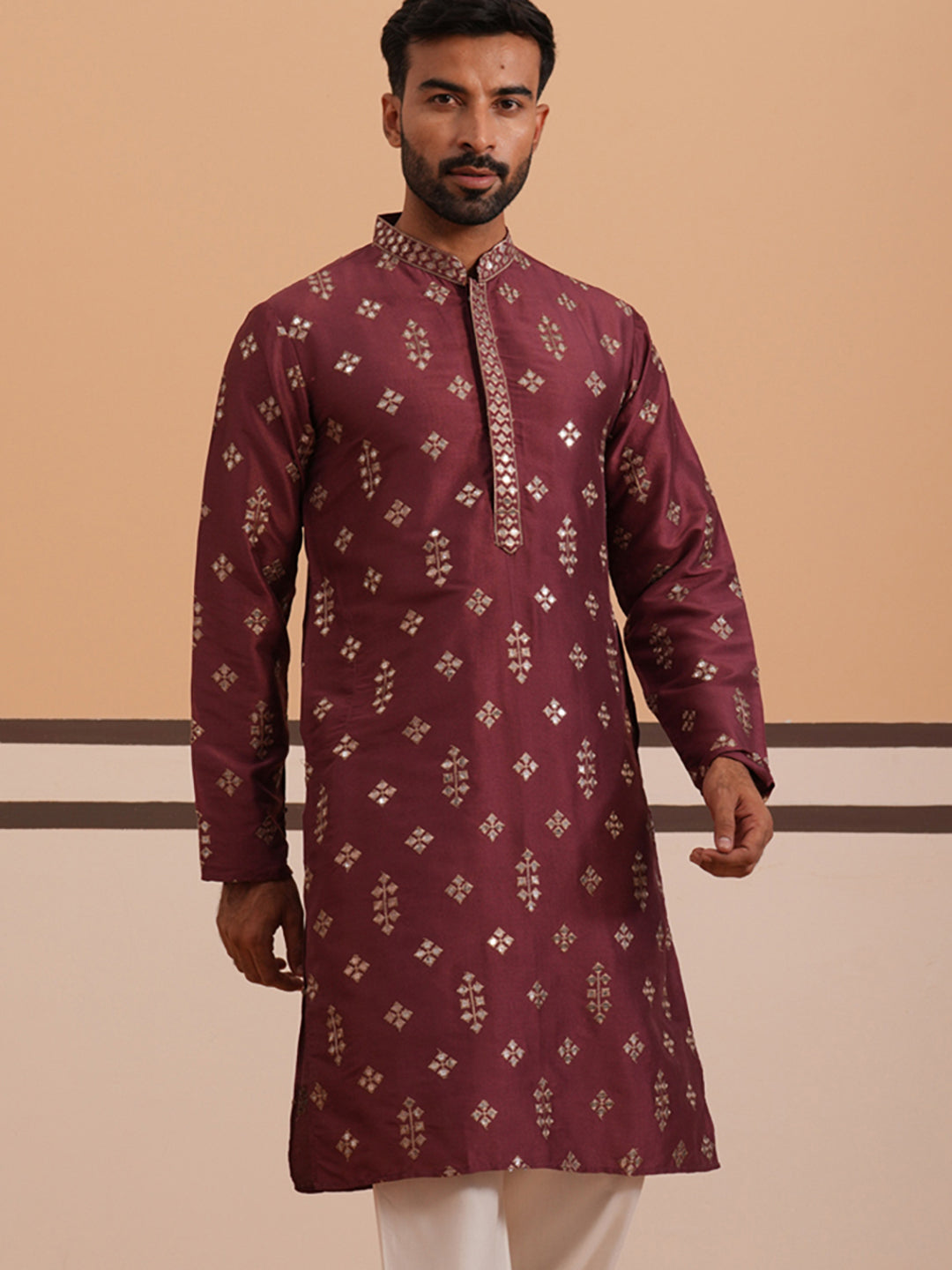 Silk Blend Embroidered Kurta ( 65KO D 5355 D 5355Maroon ) [FF] [E-5]