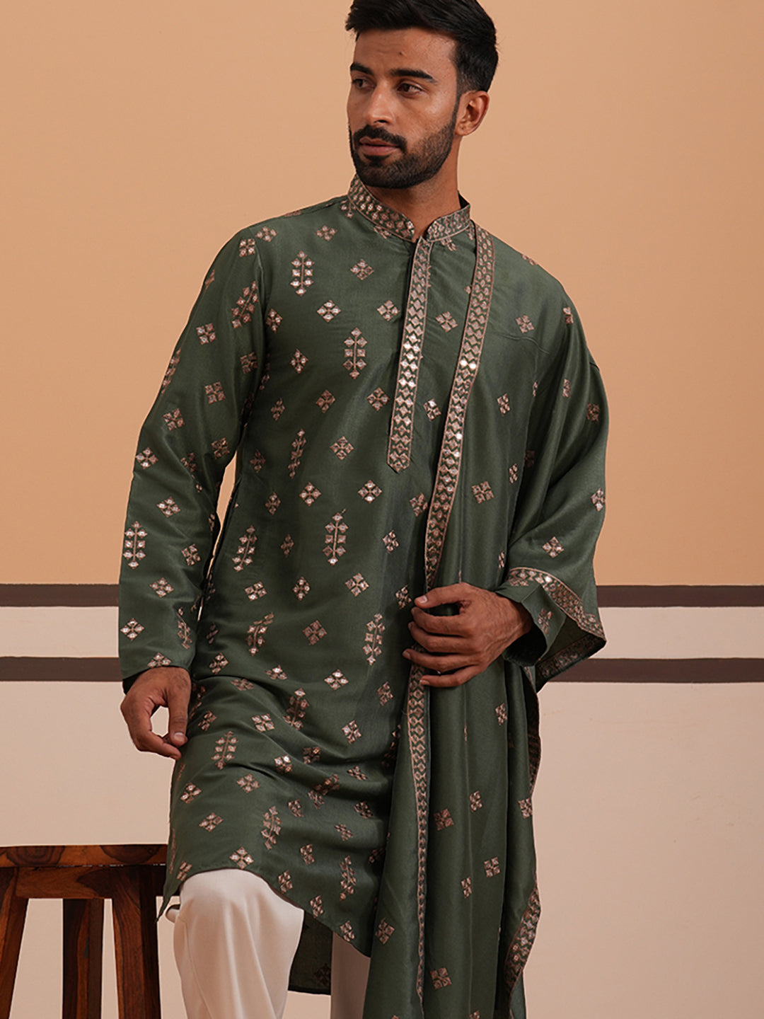Silk Blend Embroidered Kurta ( 65KO D 5355 D 5355Olive ) [FF] [E-5]