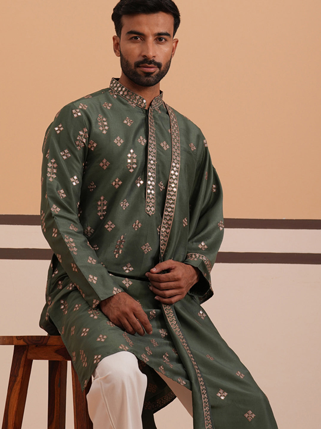 Silk Blend Embroidered Kurta ( 65KO D 5355 D 5355Olive ) [FF] [E-5]