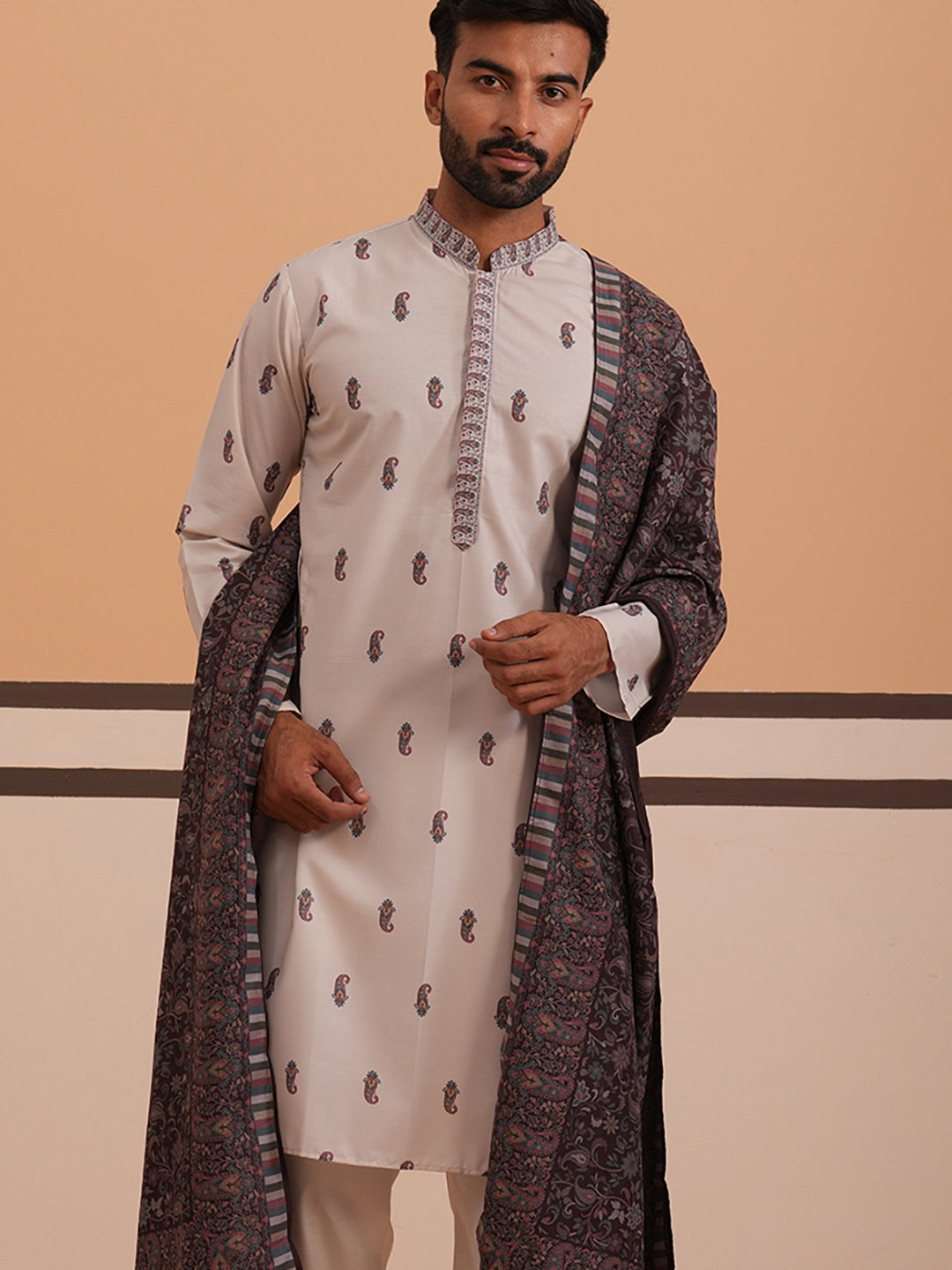 Paisley Print Kurta with Contrast Dupatta ( 65KO D 5374 D 5374Cream ) [FF] [1-3]