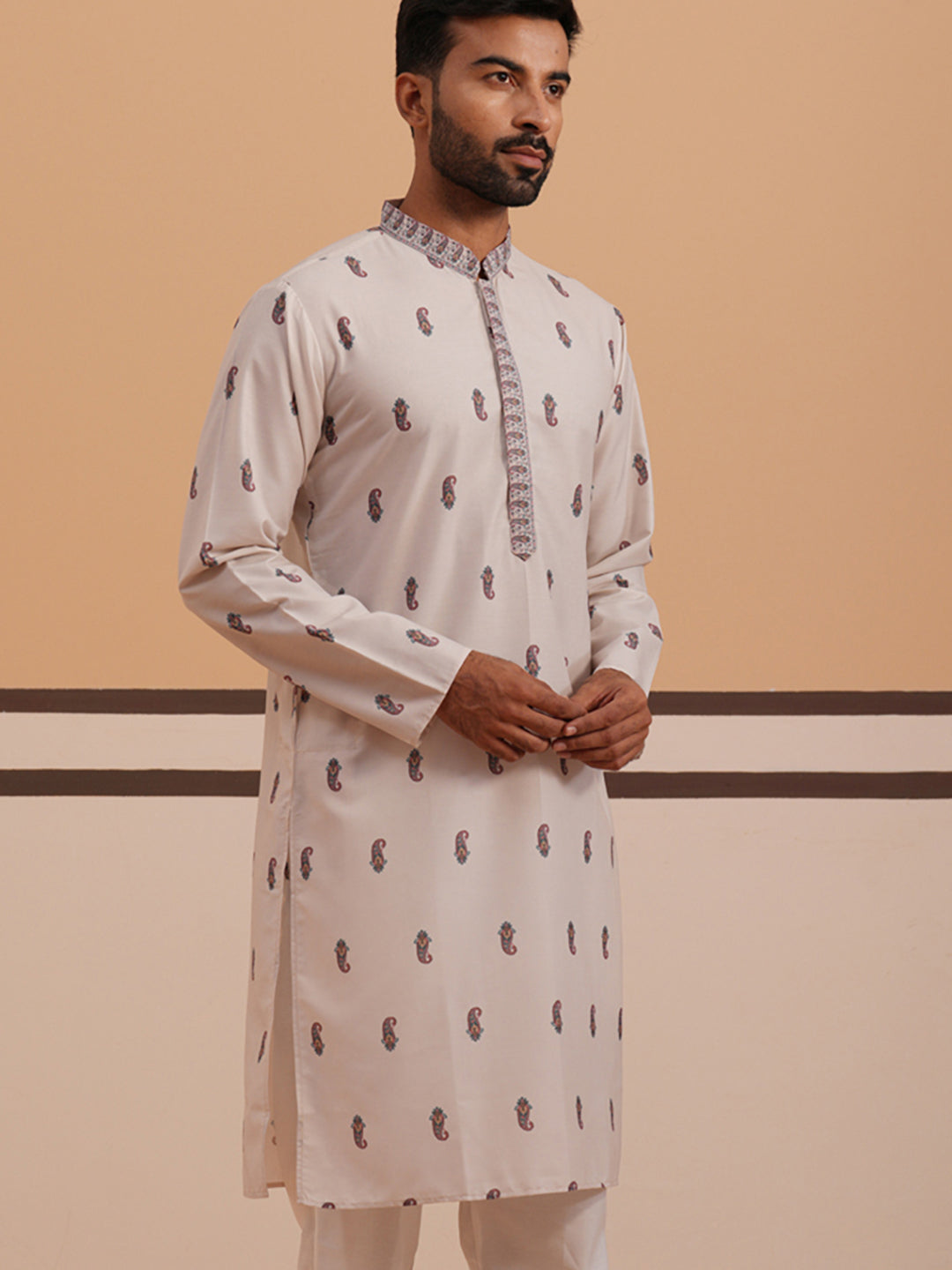 Paisley Print Kurta with Contrast Dupatta ( 65KO D 5374 D 5374Cream ) [FF] [1-3]