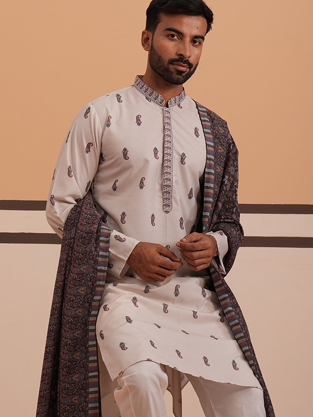 Paisley Print Kurta with Contrast Dupatta ( 65KO D 5374 D 5374Cream ) [FF] [1-3]