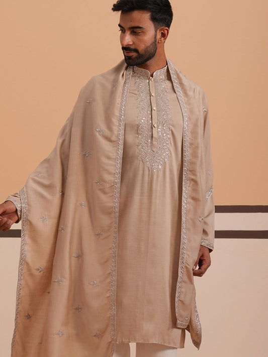 Silk Blend Kurta with Matching Embroidered Dupatta (65KO D 5375 Beige ) [FF] [A-1-4]