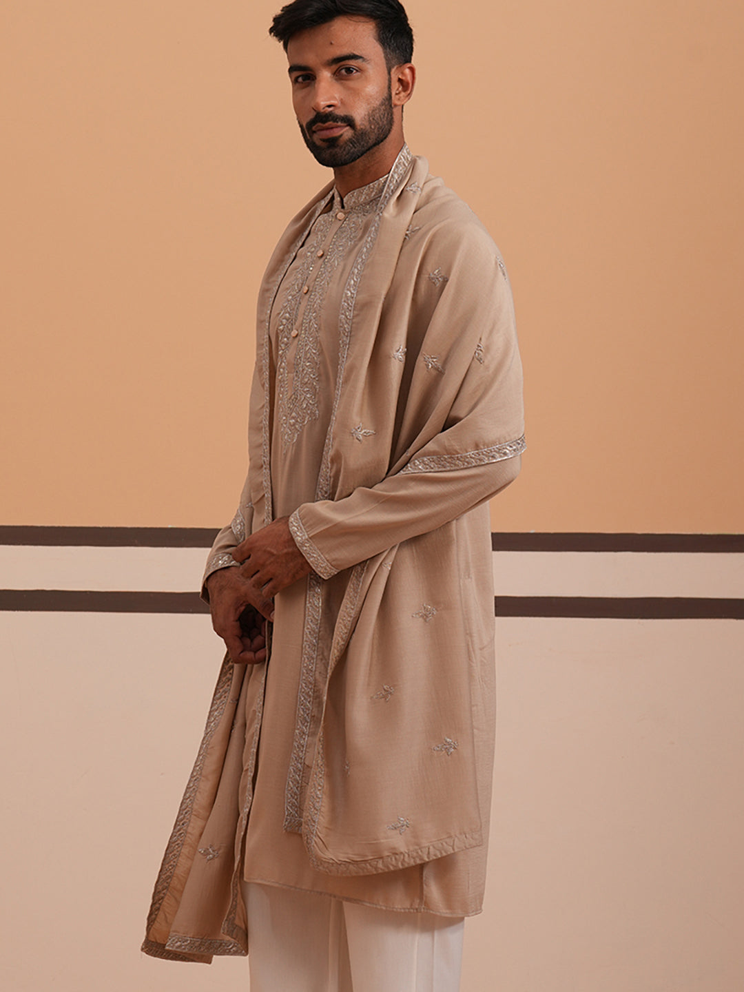 Silk Blend Kurta with Matching Embroidered Dupatta (65KO D 5375 Beige ) [FF] [A-1-4]