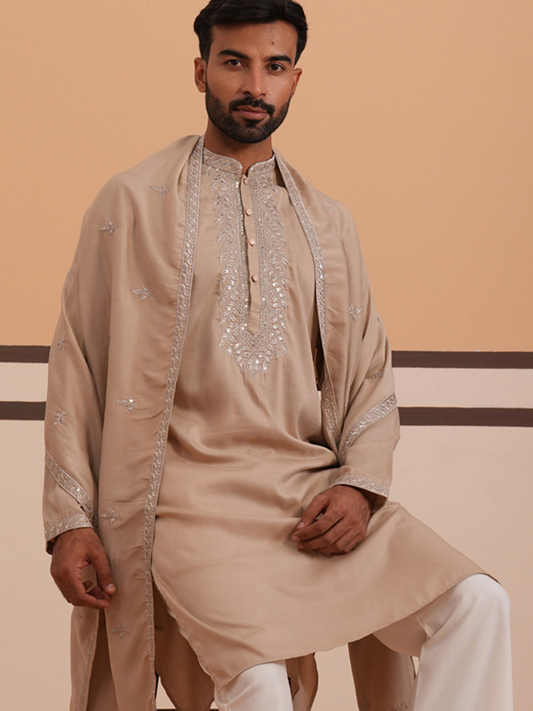 Silk Blend Kurta with Matching Embroidered Dupatta (65KO D 5375 Beige ) [FF] [A-1-4]