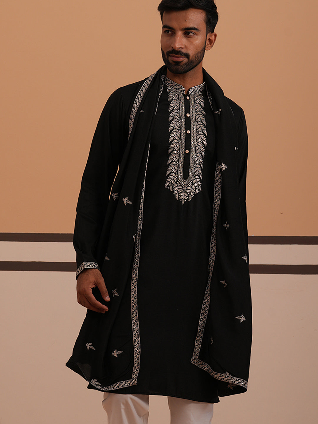 Silk Blend Kurta with Matching Embroidered Dupatta (65KO D 5375 Black ) [FF] [A-1-4]