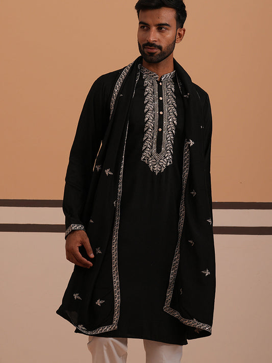 Silk Blend Kurta with Matching Embroidered Dupatta (65KO D 5375 Black ) [FF] [A-1-4]