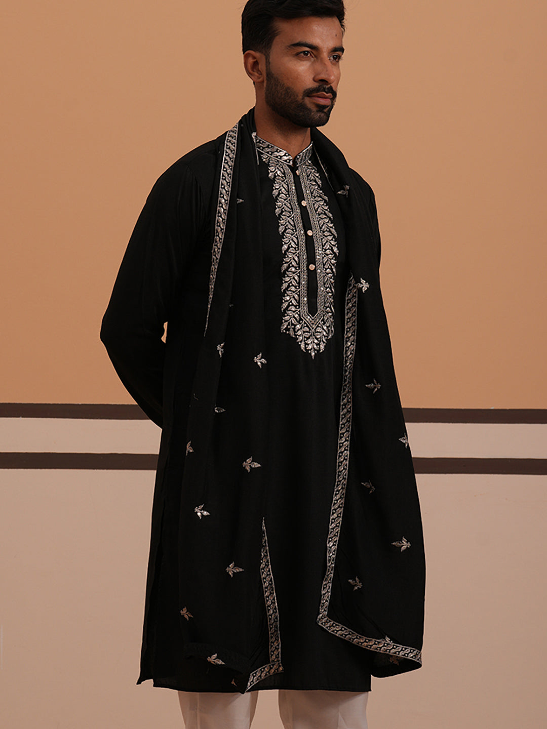 Silk Blend Kurta with Matching Embroidered Dupatta (65KO D 5375 Black ) [FF] [A-1-4]