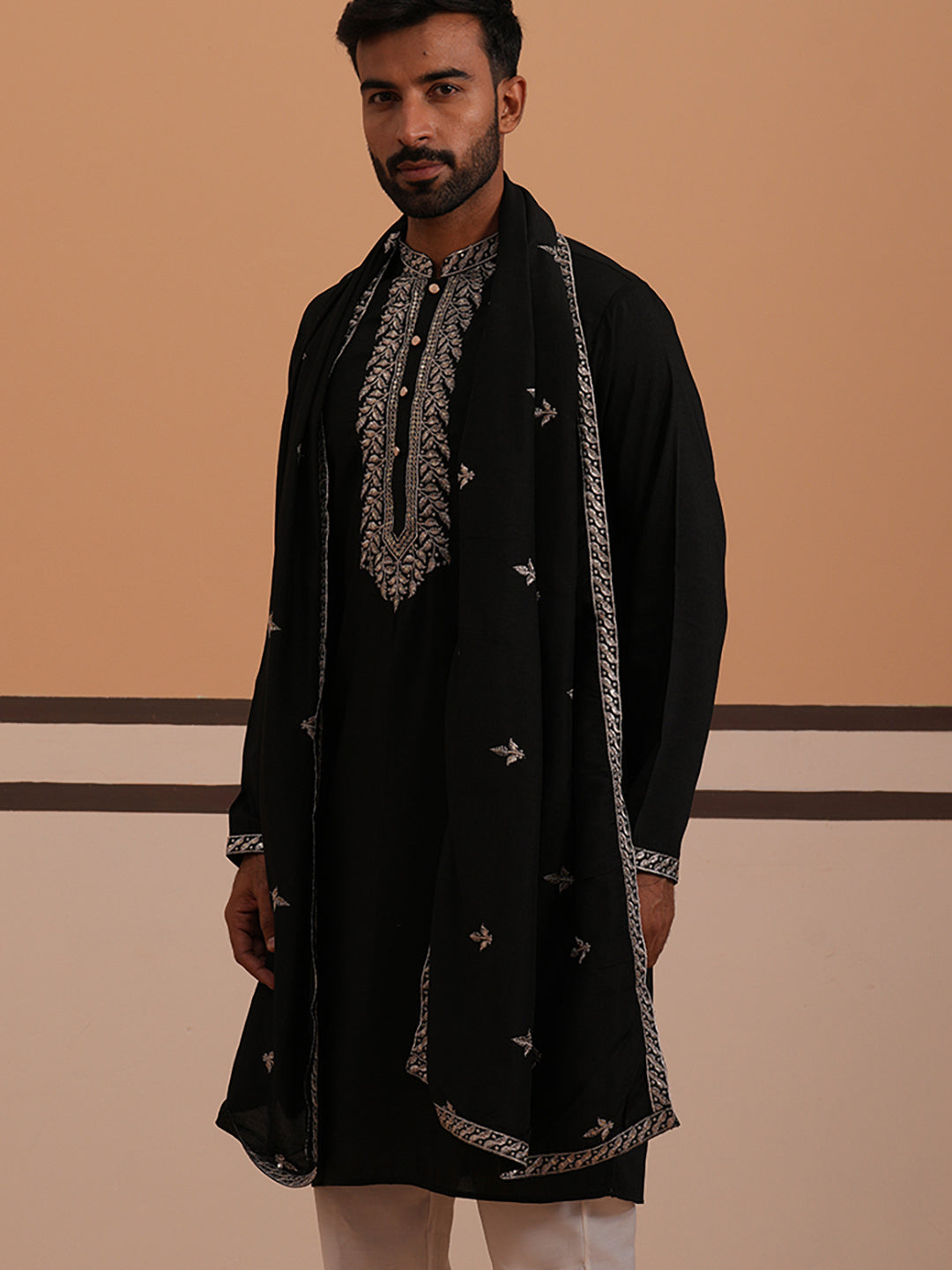 Silk Blend Kurta with Matching Embroidered Dupatta (65KO D 5375 Black ) [FF] [A-1-4]