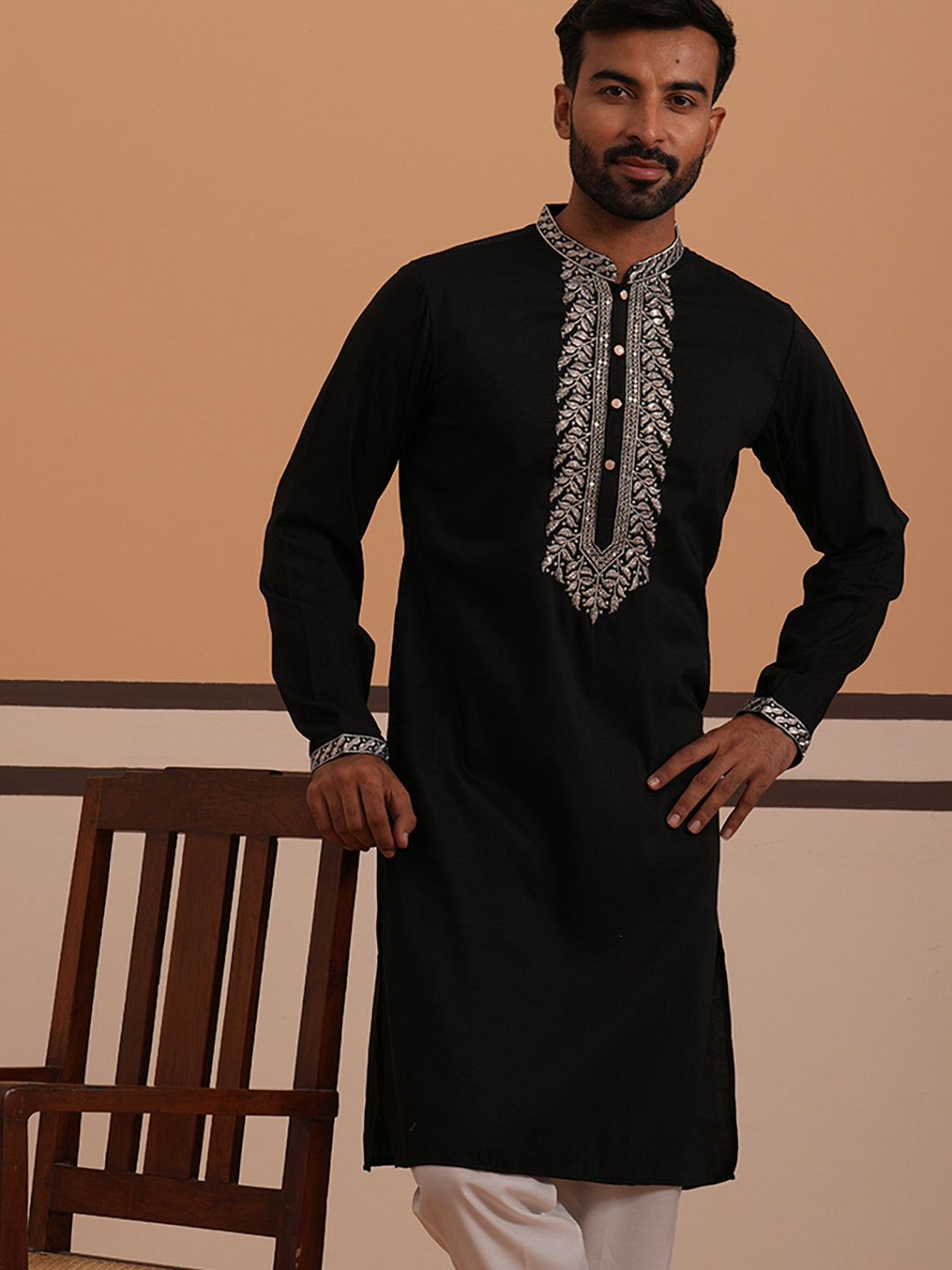 Silk Blend Kurta with Matching Embroidered Dupatta (65KO D 5375 Black ) [FF] [A-1-4]