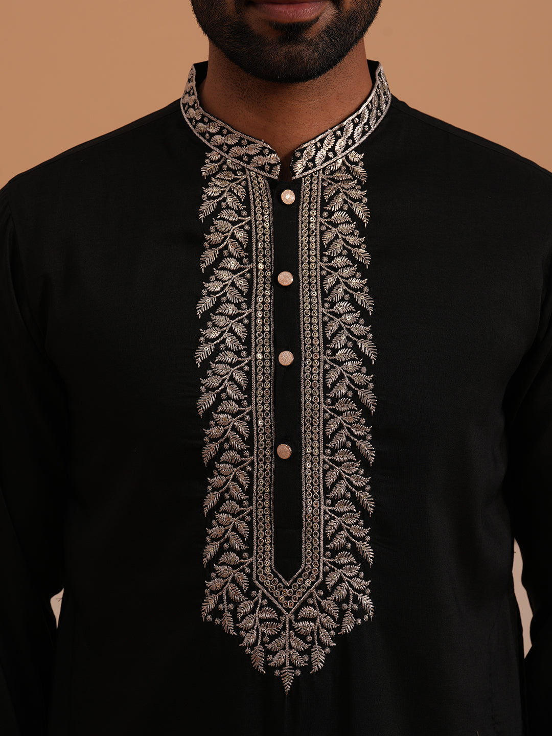 Silk Blend Kurta with Matching Embroidered Dupatta (65KO D 5375 Black ) [FF] [A-1-4]