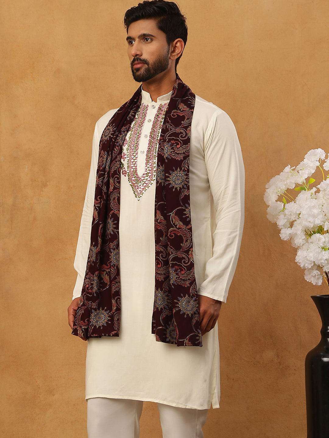 Traditional Silk Blend Kurta & Dupatta (65KO D 5433 White )