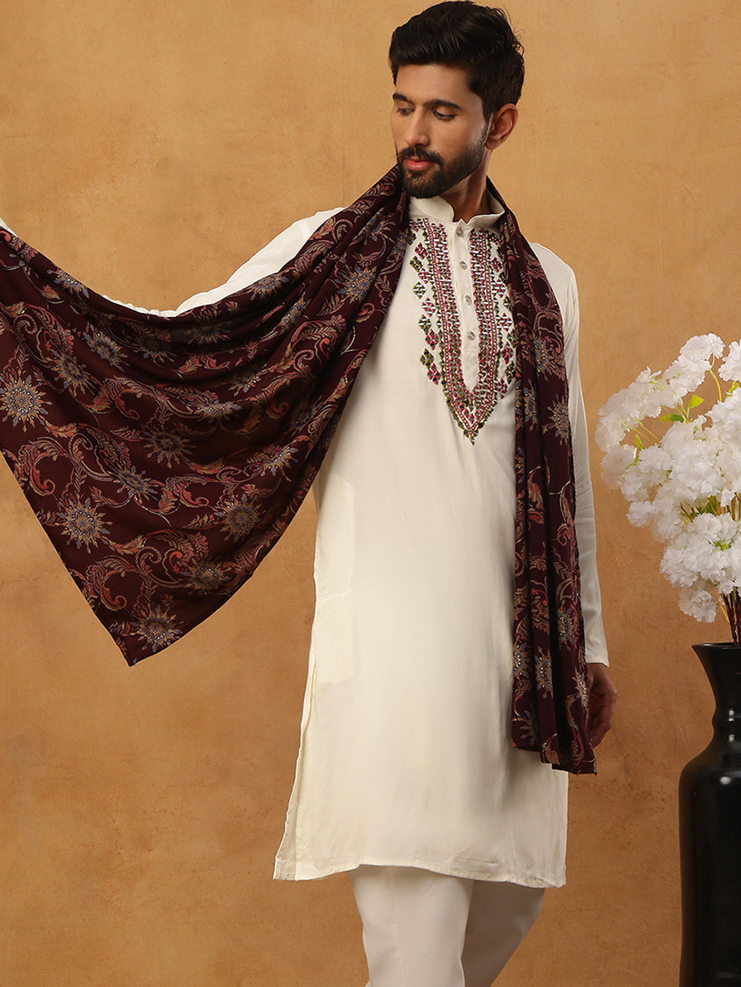 Traditional Silk Blend Kurta & Dupatta (65KO D 5433 White )
