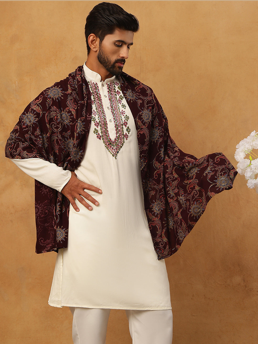 Traditional Silk Blend Kurta & Dupatta (65KO D 5433 White )