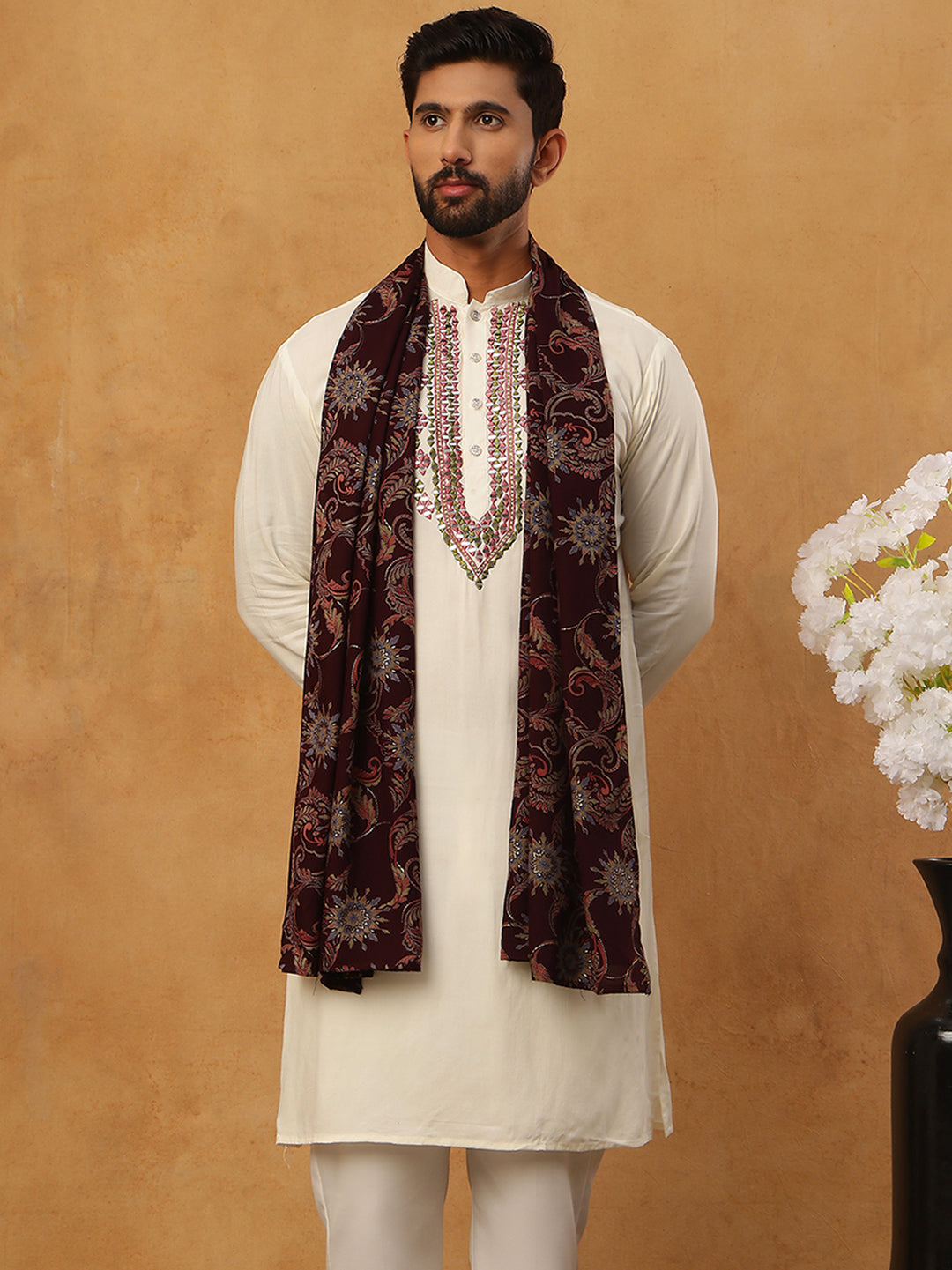 Traditional Silk Blend Kurta & Dupatta (65KO D 5433 White )