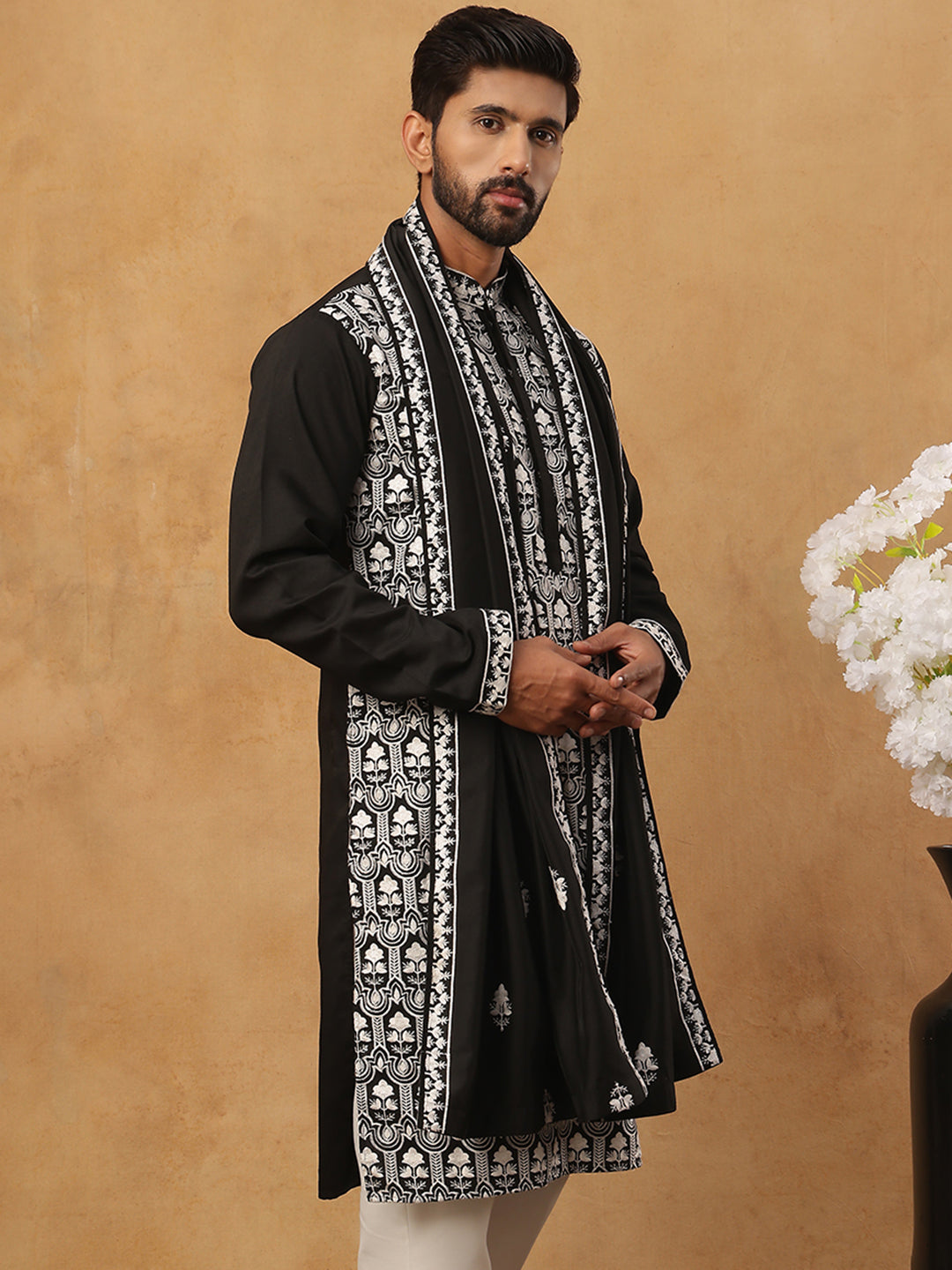 Silk Blend Embroidered Kurta & Dupatta (65KO D 5438 Black ) [FF] [P-14]