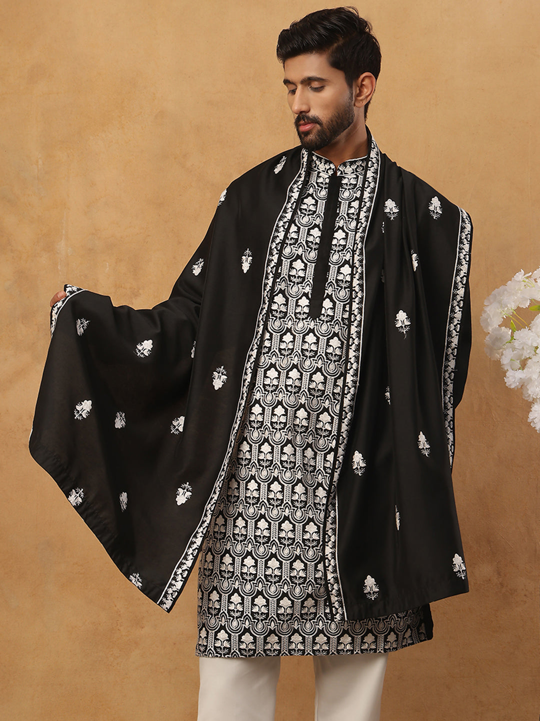 Silk Blend Embroidered Kurta & Dupatta (65KO D 5438 Black ) [FF] [P-14]