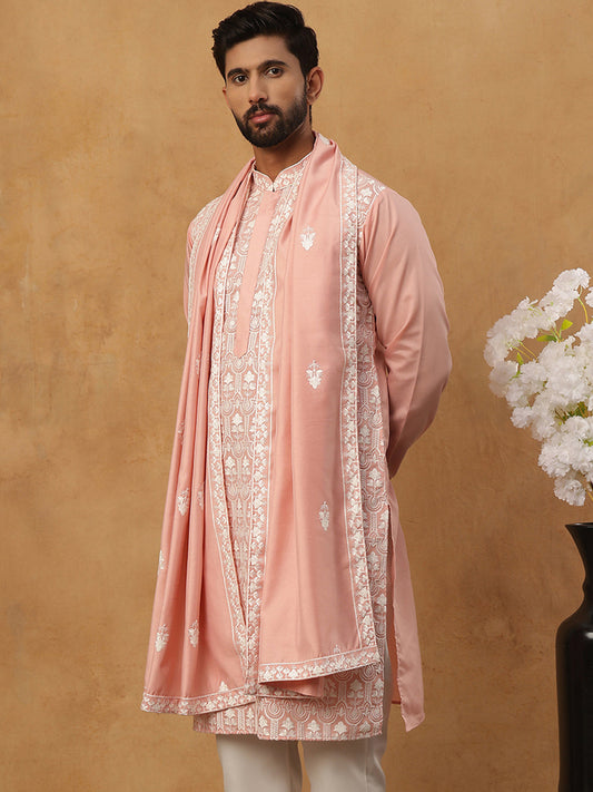 Silk Blend Embroidered Kurta & Dupatta (65KO D 5438 Peach ) [FF] [P-14]