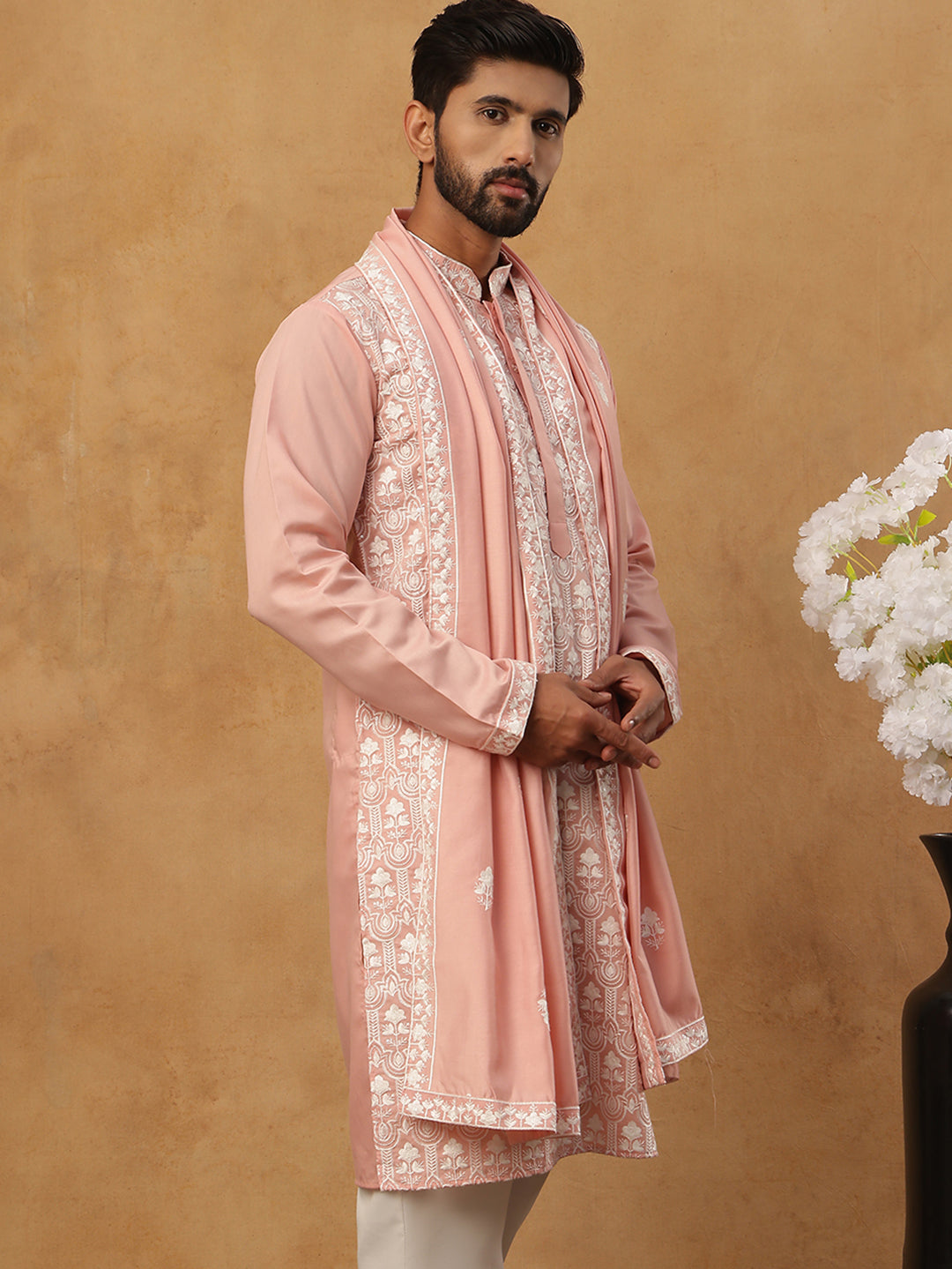 Silk Blend Embroidered Kurta & Dupatta (65KO D 5438 Peach ) [FF] [P-14]