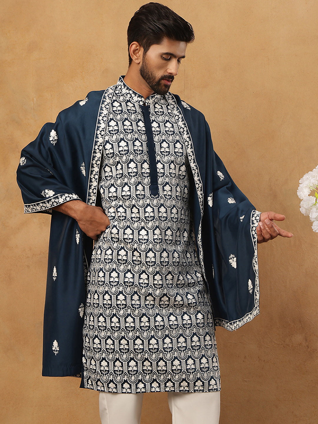 Silk Blend Embroidered Kurta & Dupatta (65KO D 5438 Peacock ) [FF] [P-14]