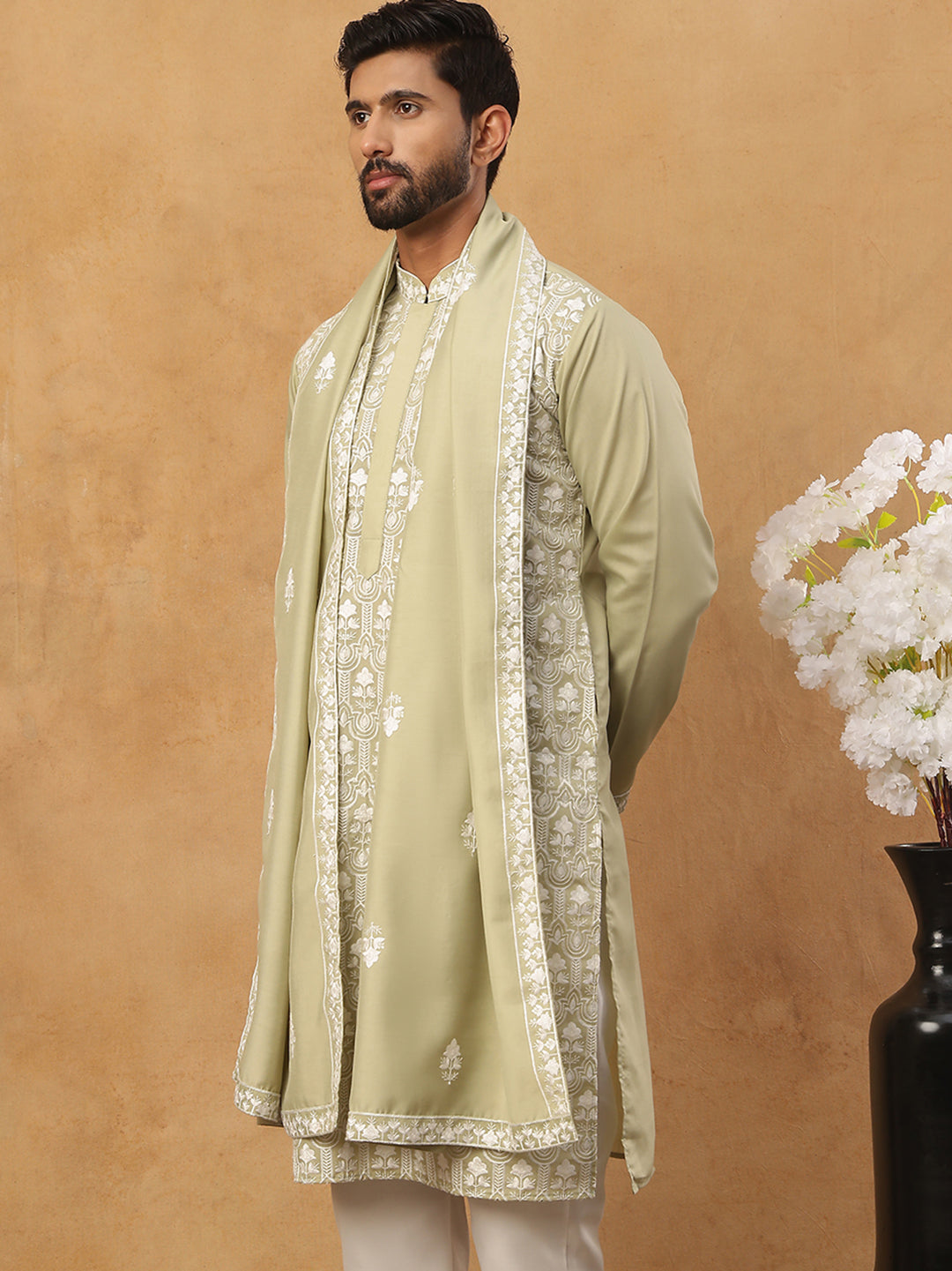 Silk Blend Embroidered Kurta & Dupatta (65KO D 5438 Pista ) [FF] [P-14]