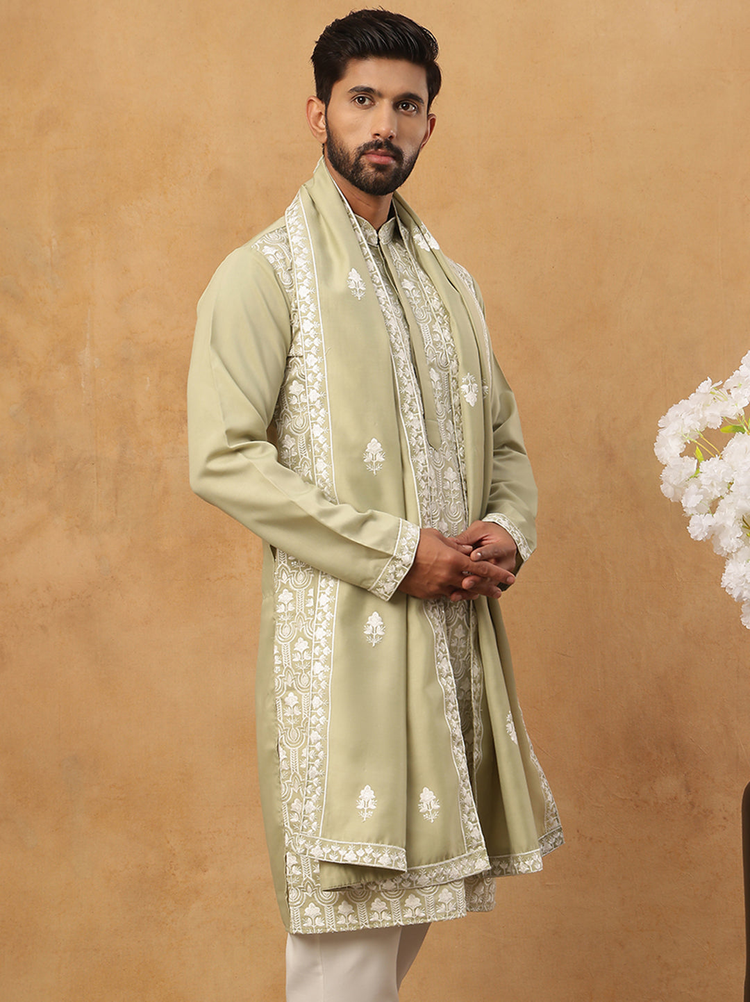 Silk Blend Embroidered Kurta & Dupatta (65KO D 5438 Pista ) [FF] [P-14]