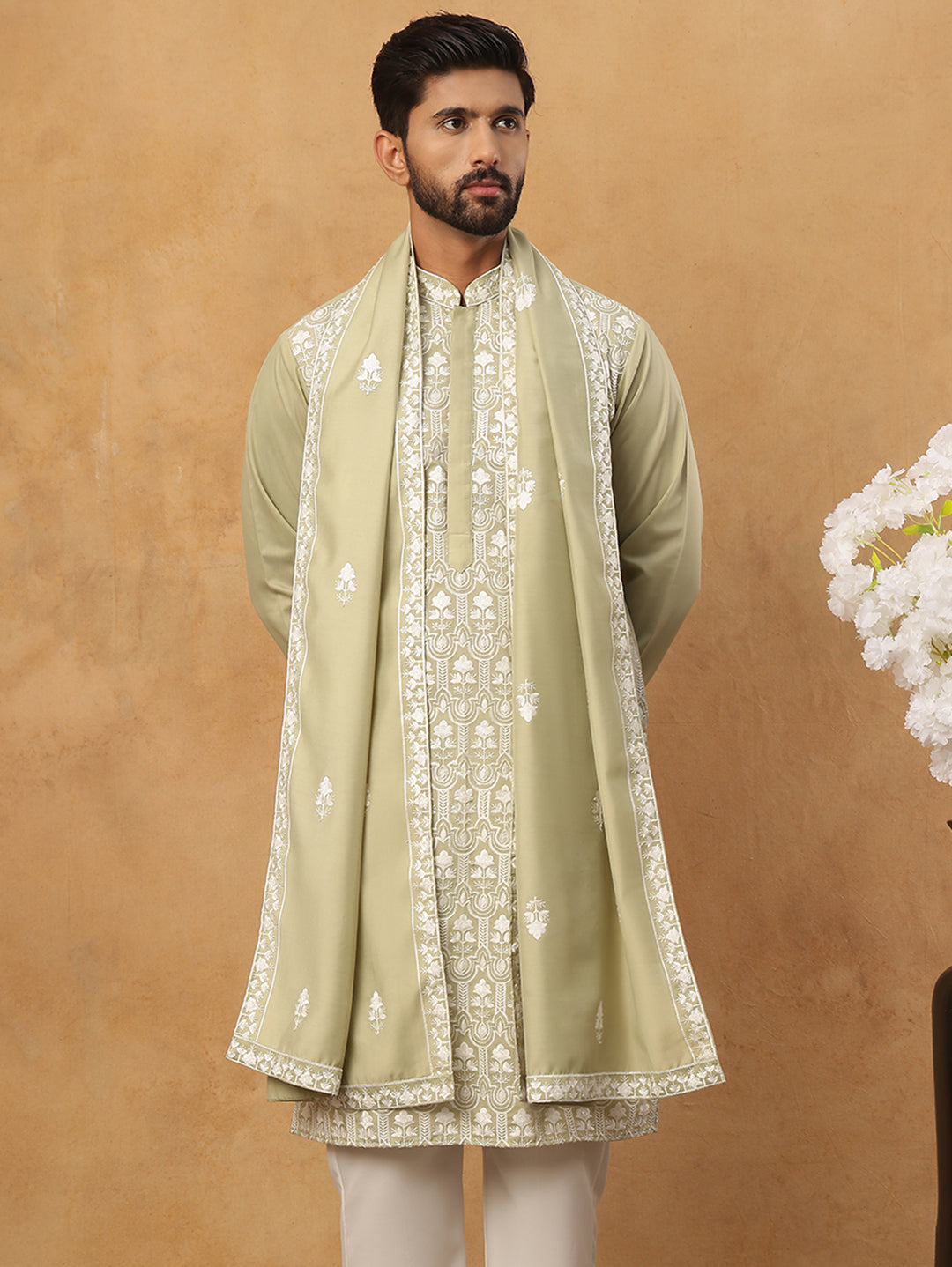 Silk Blend Embroidered Kurta & Dupatta (65KO D 5438 Pista ) [FF] [P-14]