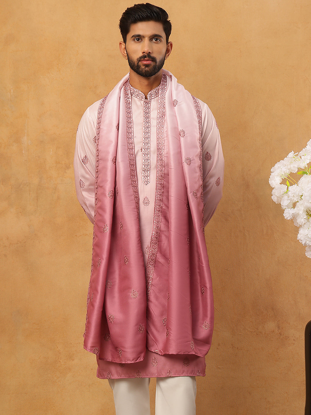 Embroidered Silk Blend Kurta with Dupatta (65KO D 5439 Pink ) [FF] [Q-7]