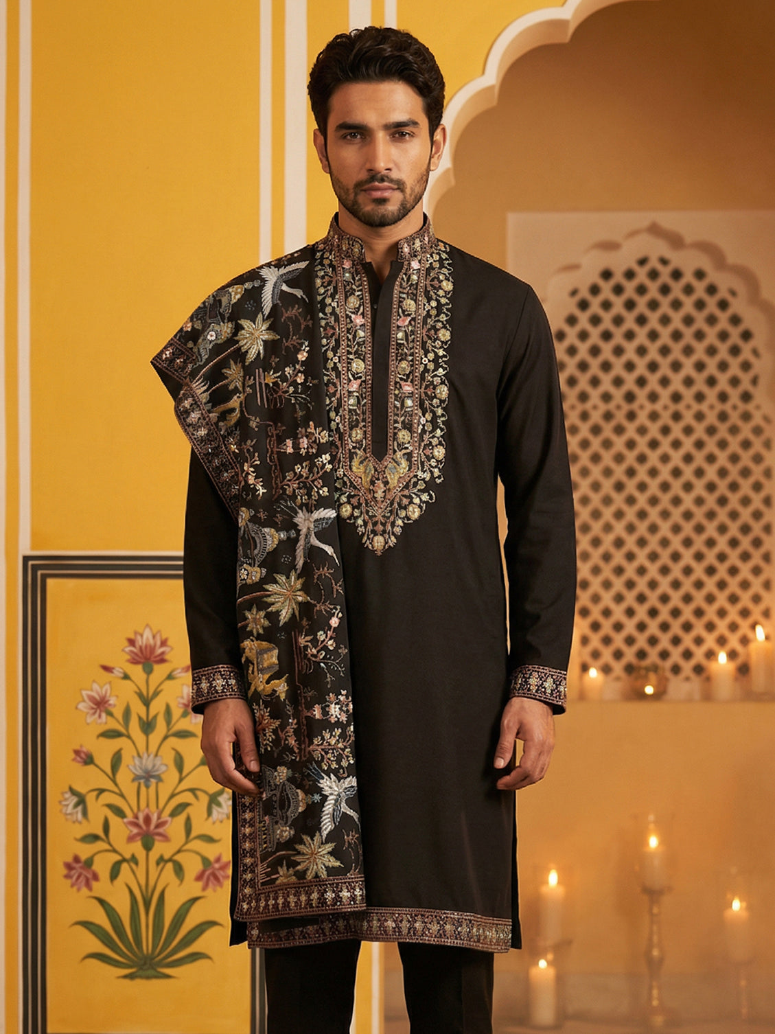Embroidered Cotton Blend Kurta & Dupatta ( 65KO D 5513Black ) [FF] [B-5]