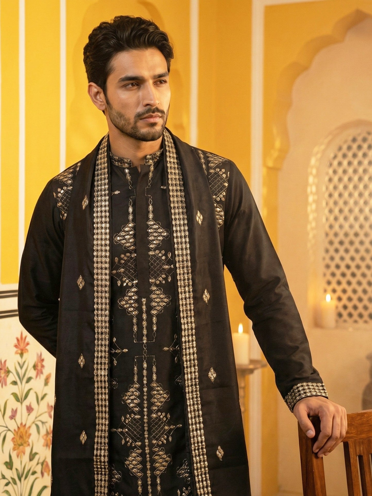 Men’s Embroidered Kurta with Dupatta ( 65KO D 5540Black )