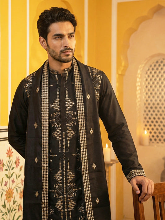 Men’s Embroidered Kurta with Dupatta ( 65KO D 5540Black )