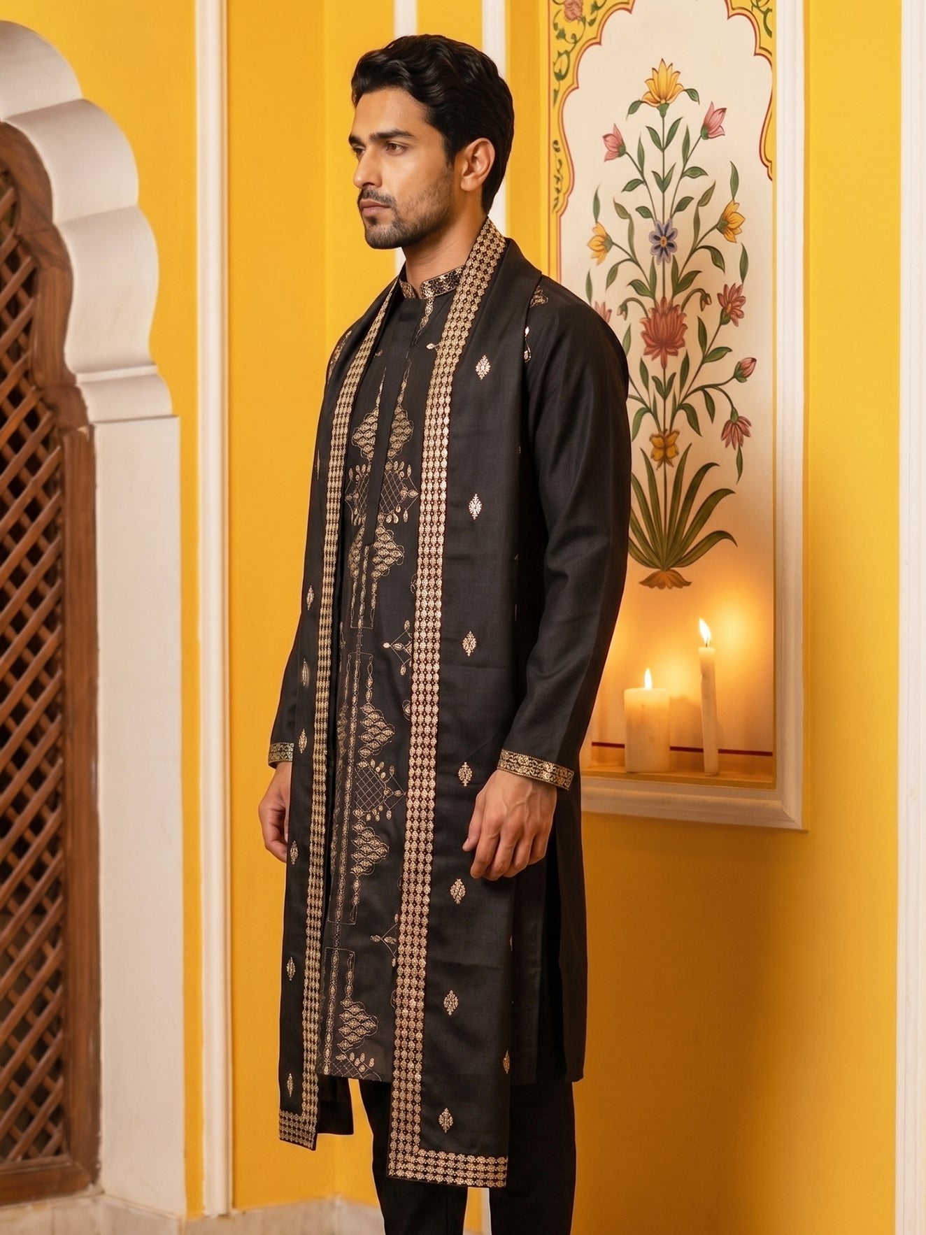 Men’s Embroidered Kurta with Dupatta ( 65KO D 5540Black )