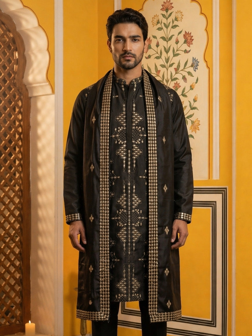 Men’s Embroidered Kurta with Dupatta ( 65KO D 5540Black )