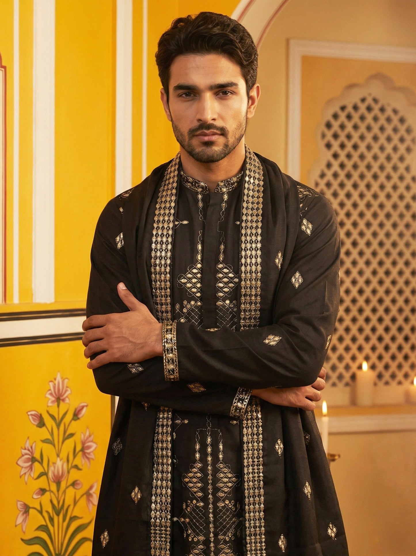 Men’s Embroidered Kurta with Dupatta ( 65KO D 5540Black )