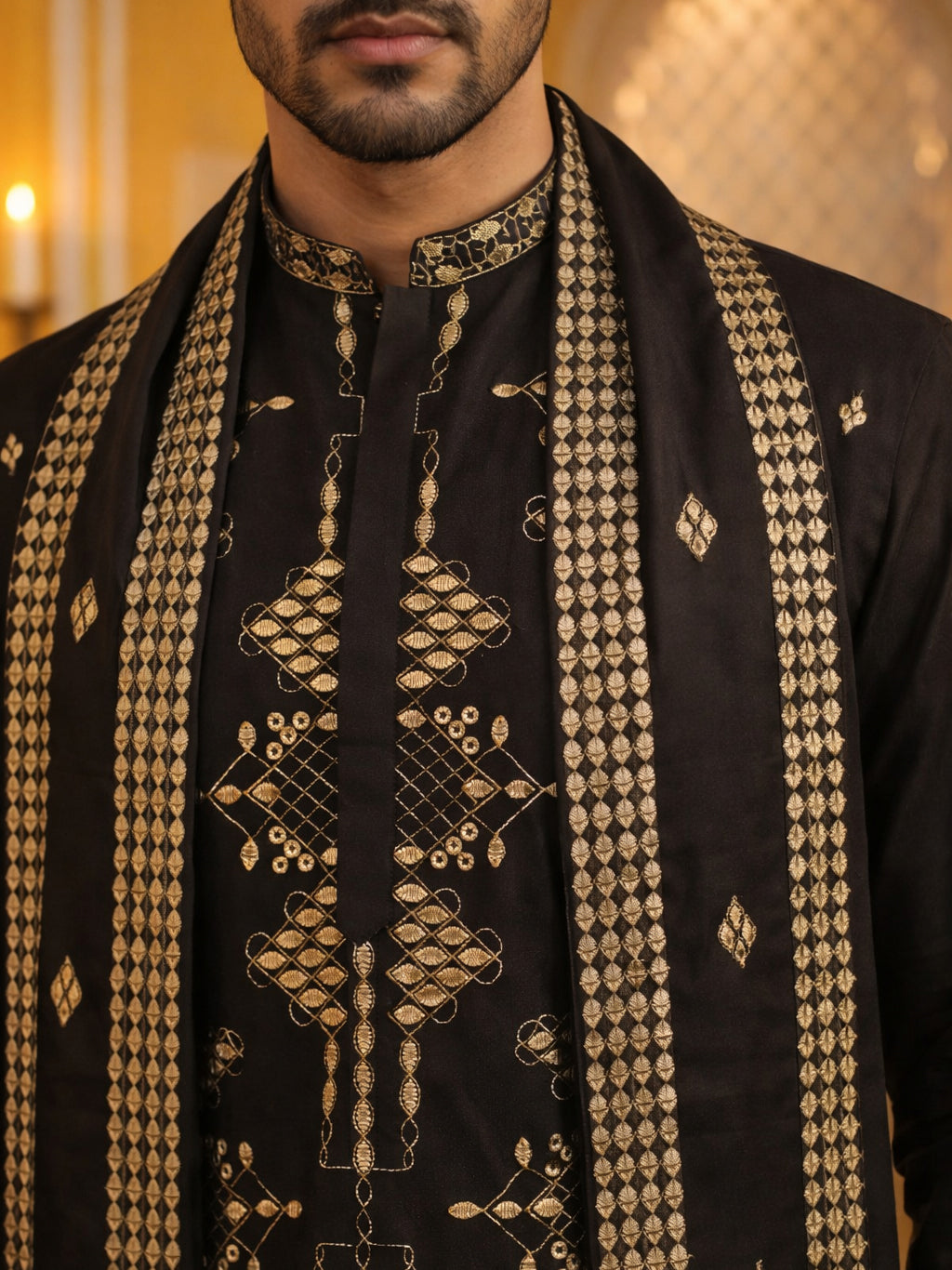 Men’s Embroidered Kurta with Dupatta ( 65KO D 5540Black )
