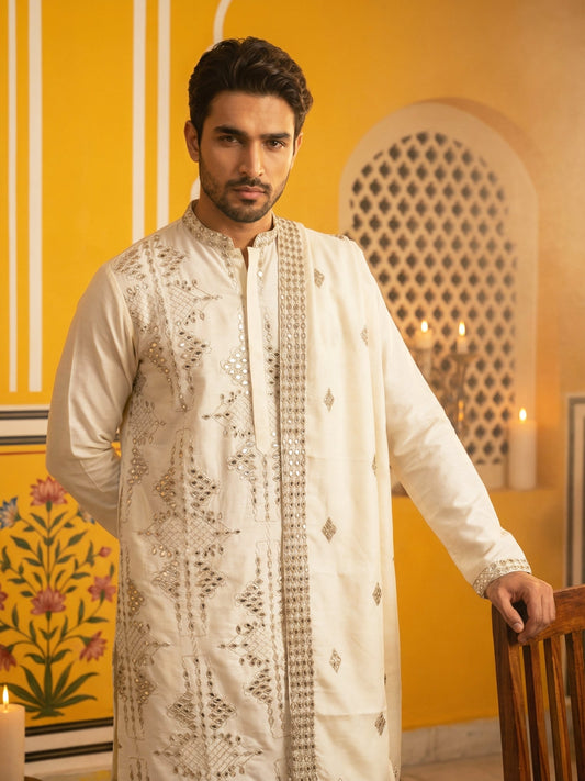 Men’s Embroidered Kurta with Dupatta ( 65KO D 5540Cream )