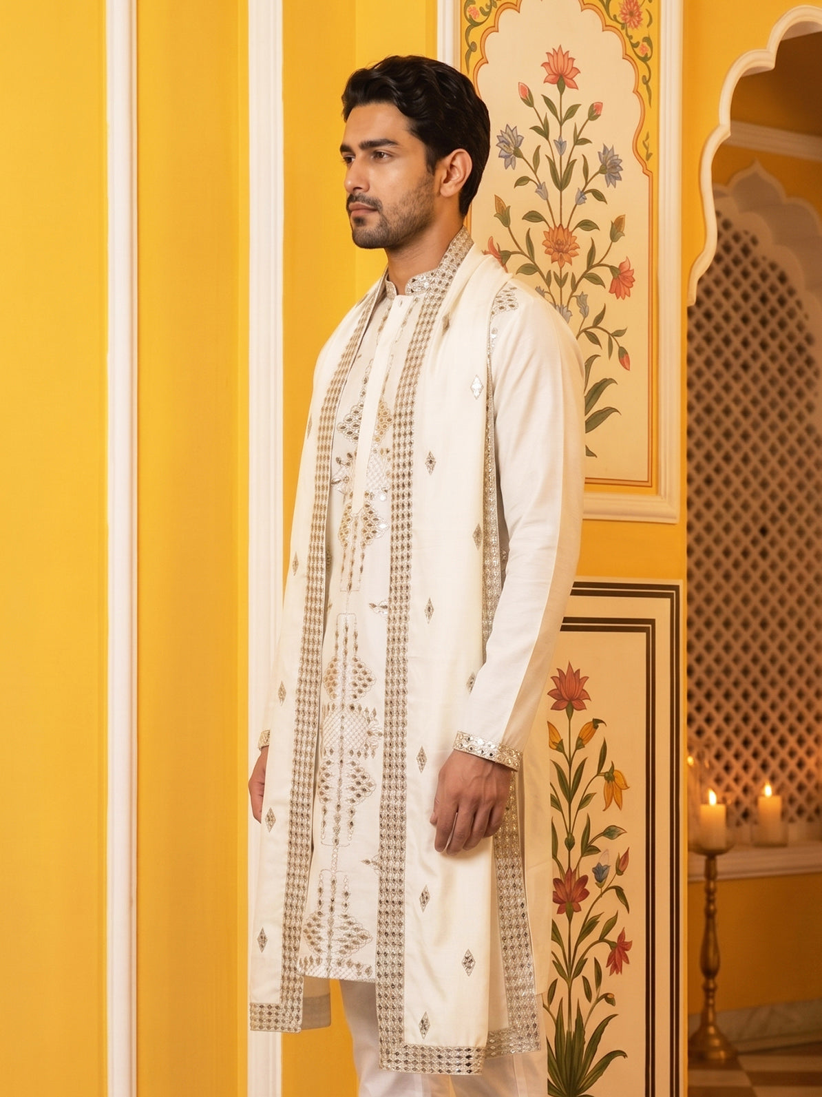 Men’s Embroidered Kurta with Dupatta ( 65KO D 5540Cream )